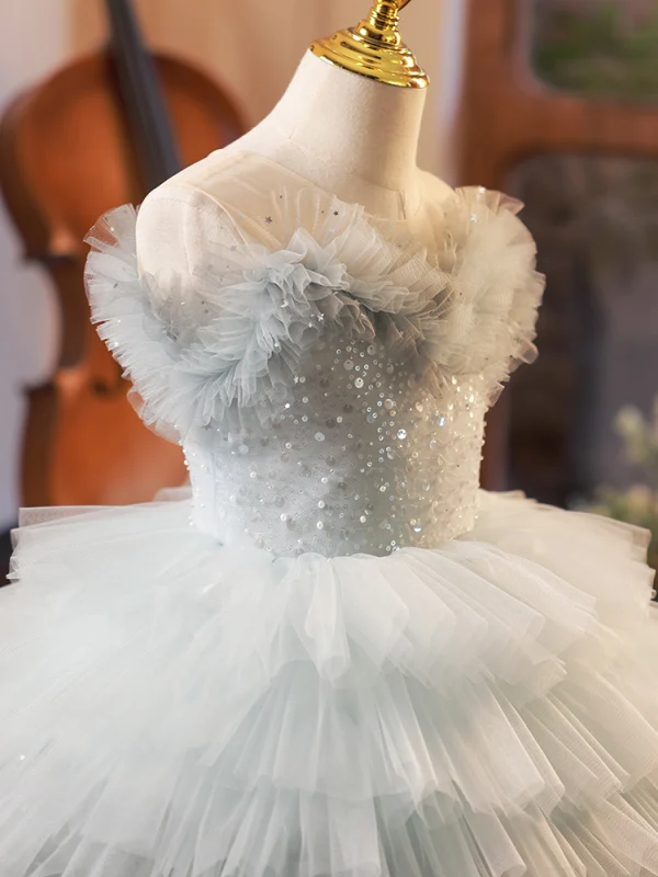 Charmant Bleu Ciel Perlage Perle Paillettes Volants en Cascade Anniversaire Robe Ceremonie Fille 2024 Robe Boule Encolure Dégagée Sans Manches Dos Nu Tribunal Train