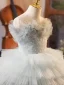 Charmant Bleu Ciel Perlage Perle Paillettes Volants en Cascade Anniversaire Robe Ceremonie Fille 2024 Robe Boule Encolure Dégagée Sans Manches Dos Nu Tribunal Train