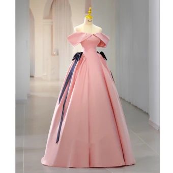 Elegant Candy Pink Satin Prom Dresses 2023 Ball Gown Off The Shoulder Short Sleeve Backless Bow Floor Length Long Prom Formal Dresses