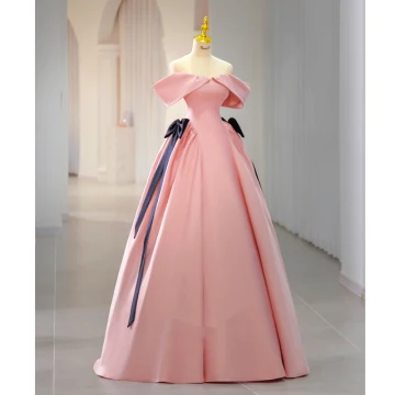 Élégant Rose Bonbon Satin Robe De Bal 2023 Robe Boule De L Épaule Manches Courtes Dos Nu Noeud Longue Promo Robe De Ceremonie