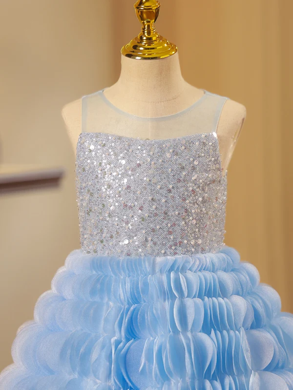 Fashion Sky Blue Sequins Cascading Ruffles Birthday Flower Girl Dresses 2023 Ball Gown Scoop Neck Sleeveless Backless Floor-Length / Long