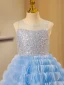 Fashion Sky Blue Sequins Cascading Ruffles Birthday Flower Girl Dresses 2023 Ball Gown Scoop Neck Sleeveless Backless Floor-Length / Long