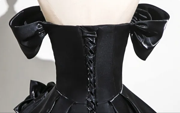 Vintage / Retro Black Flower Satin Prom Dresses 2025 Ball Gown Off-The-Shoulder Short Sleeve Backless Floor-Length / Long Formal Dresses
