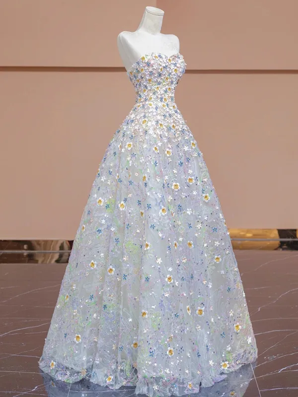 Flower Fairy White Lace Flower Appliques Prom Dresses 2024 A-Line / Princess Strapless Sleeveless Backless Floor-Length / Long Prom Formal Dresses