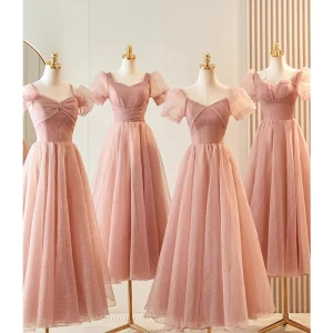 Simple Rougissant Rose Glitter Robe Demoiselle D Honneur 2023 Princesse Encolure Carrée Gonflée Manches Courtes Dos Nu Thé Longueur Robe Demoiselle D Honneur