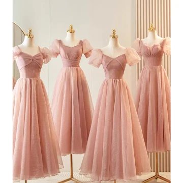 Modest Simple Blushing Pink Glitter Bridesmaid Dresses 2023 A Line Princess Square Neckline Puffy Short Sleeve Backless Tea Length Bridesmaid Dresses