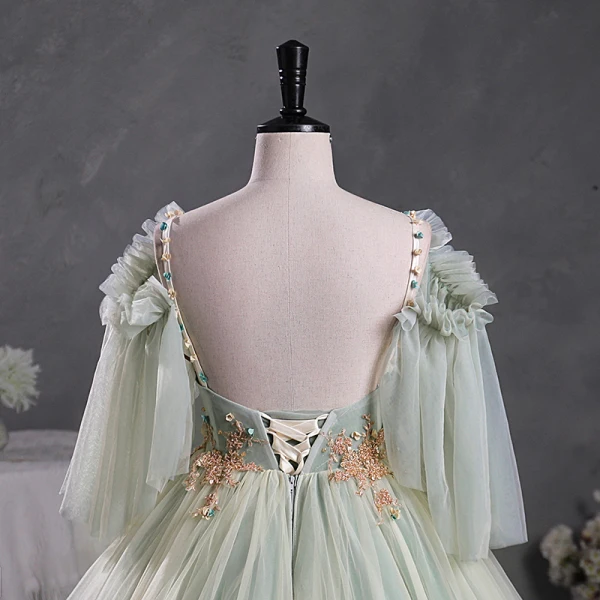 Elegant Sage Green Beading Appliques Prom Dresses 2023 V-Neck Short Sleeve Backless Floor-Length / Long Prom Formal Dresses