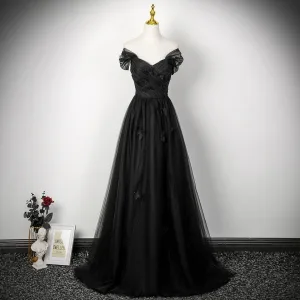 Vintage Retro Black Lace Butterfly Prom Dresses 2025 A Line Princess Off The Shoulder Short Sleeve Backless Floor Length Long Prom Formal Dresses