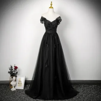 Vintage Originale Noire En Dentelle Papillon Robe De Bal 2025 Princesse De L Épaule Manches Courtes Dos Nu Longue Promo Robe De Ceremonie