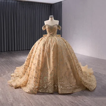 Luxury Gorgeous Gold Handmade Beading Pearl Rhinestone Sequins Prom Dresses 2024 Ball Gown Off The Shoulder Short Sleeve Backless Bow Chapel Train Prom