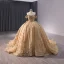 Luxury / Gorgeous Gold Handmade  Beading Pearl Rhinestone Sequins Prom Dresses 2024 Ball Gown Off-The-Shoulder Short Sleeve Backless Bow Chapel Train Prom