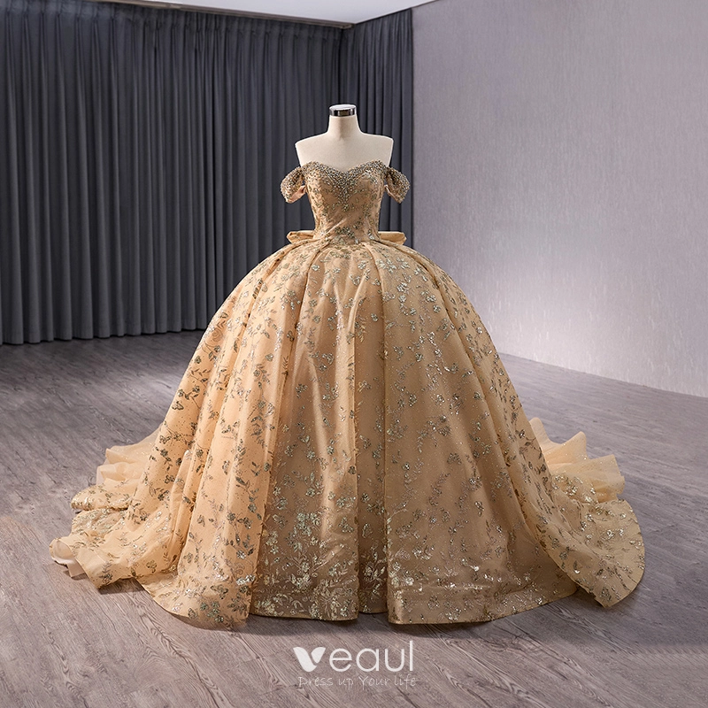 Luxury / Gorgeous Gold Handmade Beading Pearl Rhinestone Sequins Prom Dresses 2024 Ball Gown Off-The-Shoulder Short Sleeve Backless Bow Chapel Train Prom Luxury / Gorgeous Gold Handmade Beading Pearl Rhinestone Sequins Prom Dresses 2024 Ball Gown Off-The-Shoulder Short Sleeve Backless Bow Chapel Train Prom