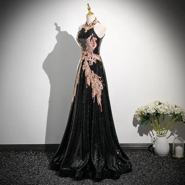 Sparkly Black Beading Sequins Prom Dresses 2025 A-Line / Princess High Neck Sleeveless Floor-Length / Long Prom Formal Dresses
