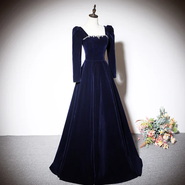 Vintage / Retro Navy Blue Suede Evening Dresses 2023 A-Line / Princess Square Neckline Long Sleeve Backless Bow Floor-Length / Long Evening Party Formal Dresses