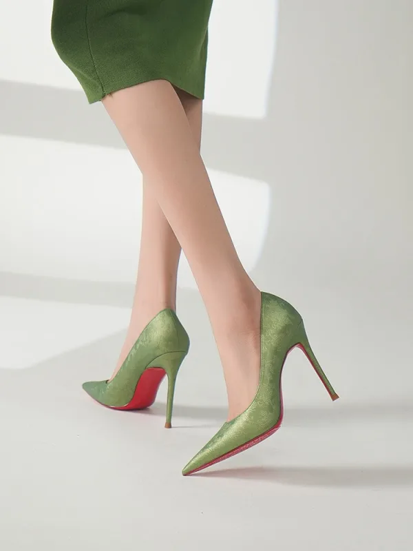 Mooie / Prachtige Champagne Rode Zool Avond Pumps 2025 Leer 10 cm Naaldhakken / Stiletto Spitse Neus Pumps Hoge Hakken