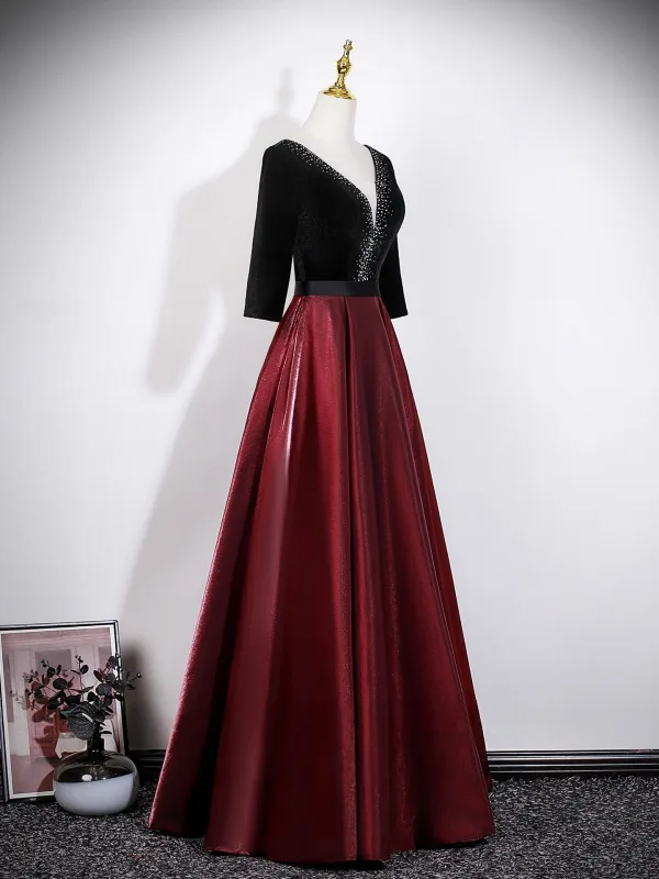 Vintage / Originale Bordeaux Robe De Bal 2026 Princesse V-Cou 3/4 Manches Dos Nu Longue