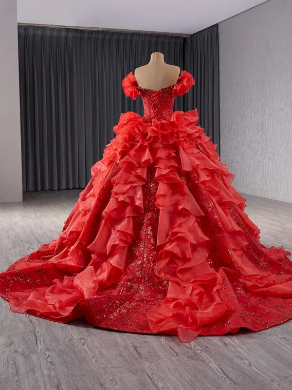 High-end Red Beading Pearl Sequins Cascading Ruffles Wedding Dresses 2024 Ball Gown Off-The-Shoulder Short Sleeve Backless Court Train Wedding