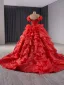 High-end Red Beading Pearl Sequins Cascading Ruffles Wedding Dresses 2024 Ball Gown Off-The-Shoulder Short Sleeve Backless Court Train Wedding