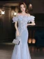 Scintillantes Bleu Ciel Perlage Appliques Paillettes Robe De Bal 2024 Trompette / Sirène De l'épaule Manches Courtes Dos Nu Longue Promo Robe De Ceremonie