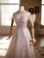 Charming Blushing Pink Beading Pearl Sequins Prom Dresses 2025 A-Line / Princess High Neck Short Sleeve Backless Floor-Length / Long Tulle Prom Formal Dresses