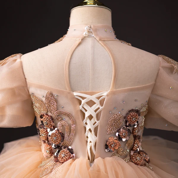 Charmant Champagne Perlage Faux Diamant Paillettes Volants en Cascade Anniversaire Robe Ceremonie Fille 2024 Robe Boule Col Haut Gonflée Manches Courtes Dos Nu Longue
