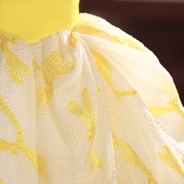 Chic / Beautiful Yellow Sequins Birthday Flower Girl Dresses 2025 Ball Gown Strapless Sleeveless Backless Floor-Length / Long