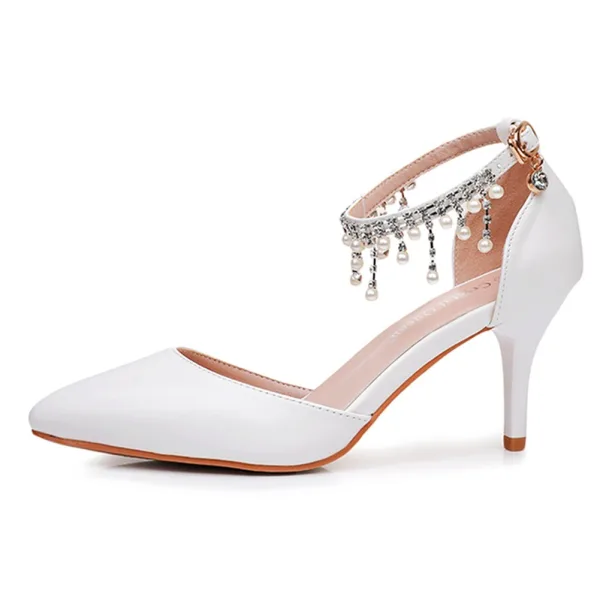 Chic / Belle Blanche Perle Faux Diamant Bride Cheville Chaussure De Mariée 2024 7 cm Talons Aiguilles À Bout Pointu Mariage Talons Hauts