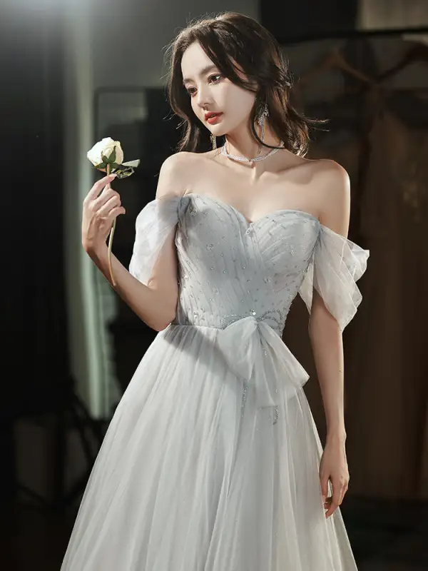 Charming Sky Blue Beading Evening Dresses 2022 A-Line / Princess Off-The-Shoulder Sleeveless Backless Floor-Length / Long Evening Party Formal Dresses