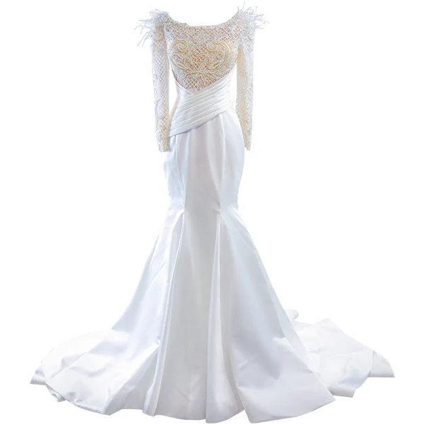 High End Ivory / Creme Perlenstickerei Perle Quaste Brautkleider / Hochzeitskleider 2023 Meerjungfrau Rundhalsausschnitt Lange Ärmel Sweep / Pinsel Zug Hochzeit