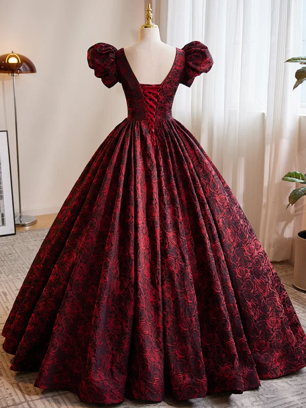 Vintage / Retro Burgundy Printing Prom Dresses 2023 Ball Gown V-Neck Puffy Short Sleeve Backless Floor-Length / Long Prom Formal Dresses