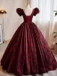 Vintage / Retro Burgundy Printing Prom Dresses 2023 Ball Gown V-Neck Puffy Short Sleeve Backless Floor-Length / Long Prom Formal Dresses