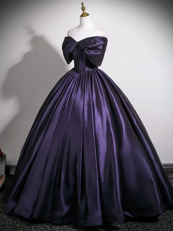 Vintage / Retro Purple Prom Dresses 2025 Ball Gown Bow Off-The-Shoulder Short Sleeve Backless Floor-Length / Long Formal Dresses