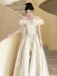 Charming Champagne Glitter Prom Dresses 2025 A-Line / Princess Ruffle Off-The-Shoulder Short Sleeve Backless Floor-Length / Long Formal Dresses