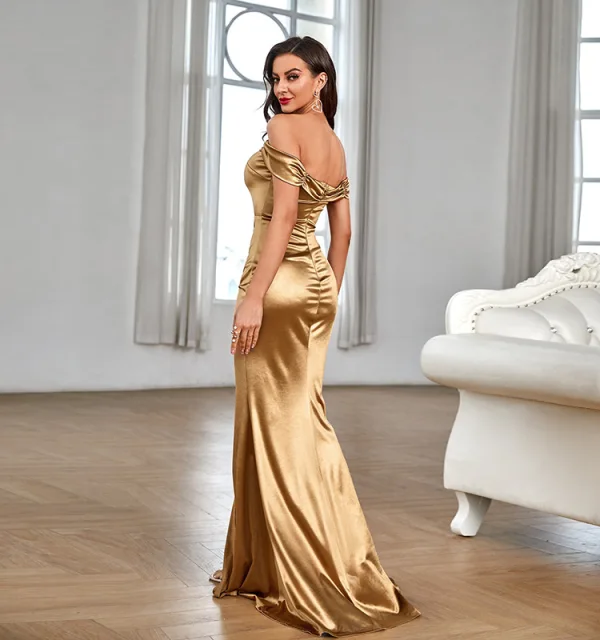 Sexy Beige Gespaltete Front Abendkleider 2022 Meerjungfrau Off Shoulder Ärmellos Sweep / Pinsel Zug Abend Festliche Kleider