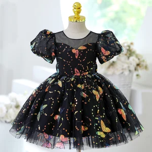 Chic Beautiful Black Butterfly Sequins Birthday Flower Girl Dresses 2023 Scoop Neck Short Sleeve Short Flower Girl Dresses