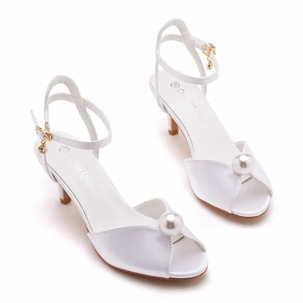 Sexy White Pearl Summer Prom Womens Sandals 2023 Satin Ankle Strap 6 cm Stiletto Heels Open / Peep Toe Sandals High Heels