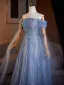 Bling Bling Sky Blue Beading Sequins Prom Dresses 2025 A-Line / Princess Off-The-Shoulder Short Sleeve Backless Floor-Length / Long Prom Formal Dresses