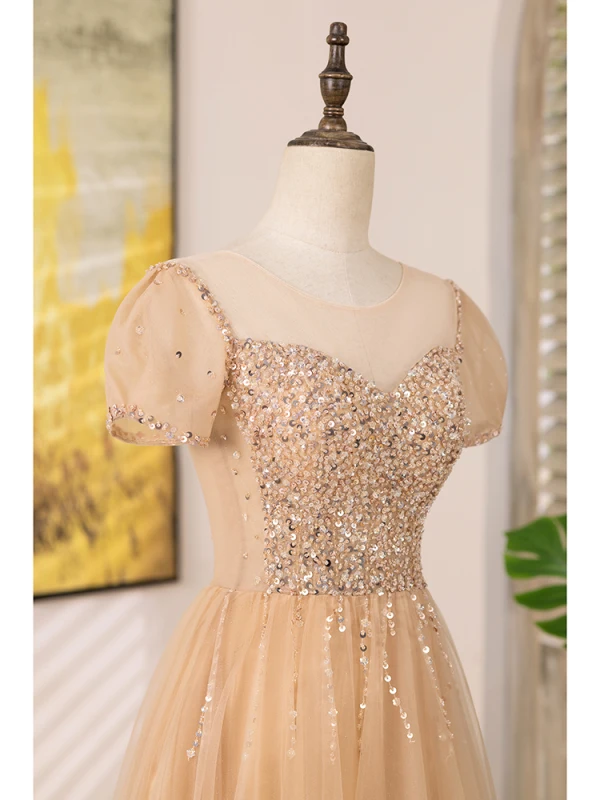 Chic / Beautiful Champagne Beading Sequins Prom Dresses 2024 A-Line / Princess Scoop Neck Short Sleeve Backless Floor-Length / Long Prom Formal Dresses