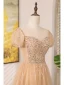 Chic / Beautiful Champagne Beading Sequins Prom Dresses 2024 A-Line / Princess Scoop Neck Short Sleeve Backless Floor-Length / Long Prom Formal Dresses