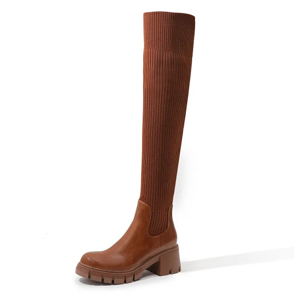 Fashion Brown Fall Winter Street Wear Sock Boots 2023 6 cm Thick Heels Round Toe Womens Boots