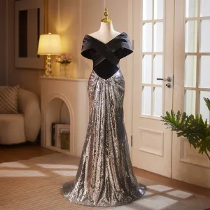 Étourdissant Noire Paillettes Robe De Bal 2025 Trompette Sirène V Cou Manches Courtes Dos Nu Train De Balayage Promo Robe De Ceremonie