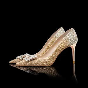 Charming Sparkly Gold Rhinestone Sequins Wedding Shoes 2022 Leather 8 Cm Stiletto Heels Pointed Toe Wedding Pumps Wedding Shoes High Heels