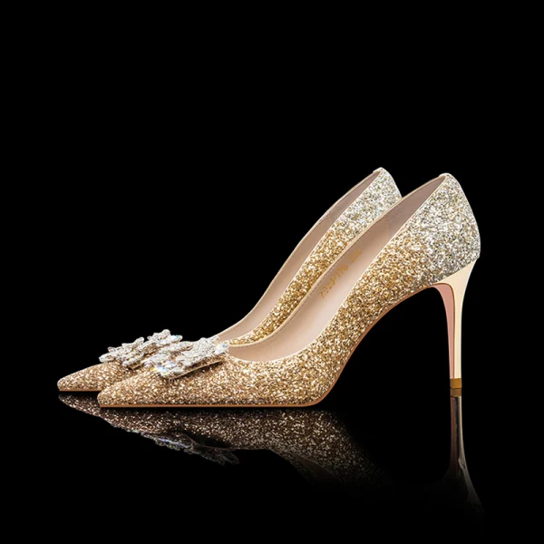 Charmig Glittrande Guld Rhinestone Paljetter Brudskor 2022 Läder 8 cm Stilettklackar Spetsiga Bröllop Pumps Brudskor Högklackade