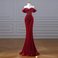 Encantador Borgoña Rebordear Lentejuelas Suede Vestidos de noche 2023 Trumpet / Mermaid Terciopelo Fuera Del Hombro Manga Corta Sin Espalda Largos Noche Vestidos Formales