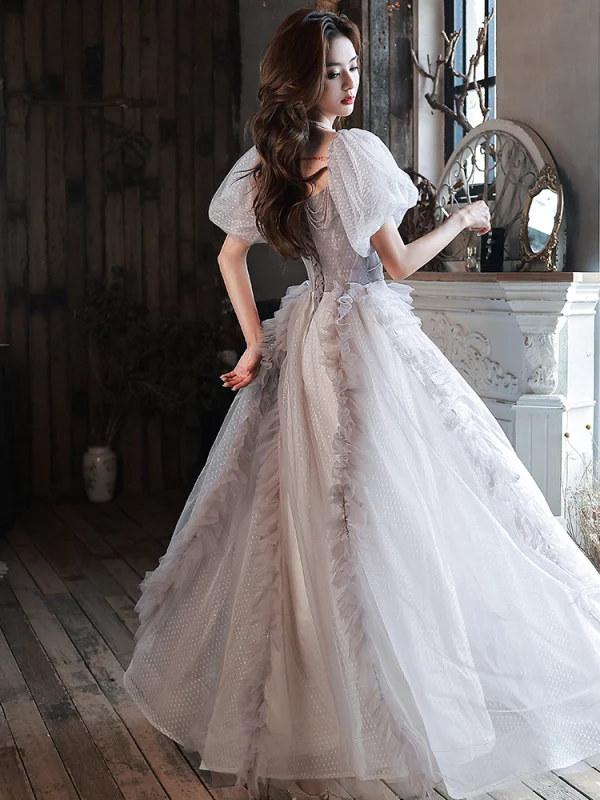 Chic / Beautiful Grey Beading Spotted Prom Dresses 2023 A-Line / Princess Strapless Short Sleeve Backless Floor-Length / Long Prom Formal Dresses