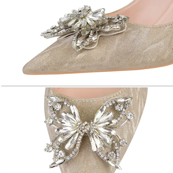 Charming Champagne Rhinestone Butterfly Evening Party Pumps High Heels 2022 7 cm Stiletto Heels Pointed Toe Pumps
