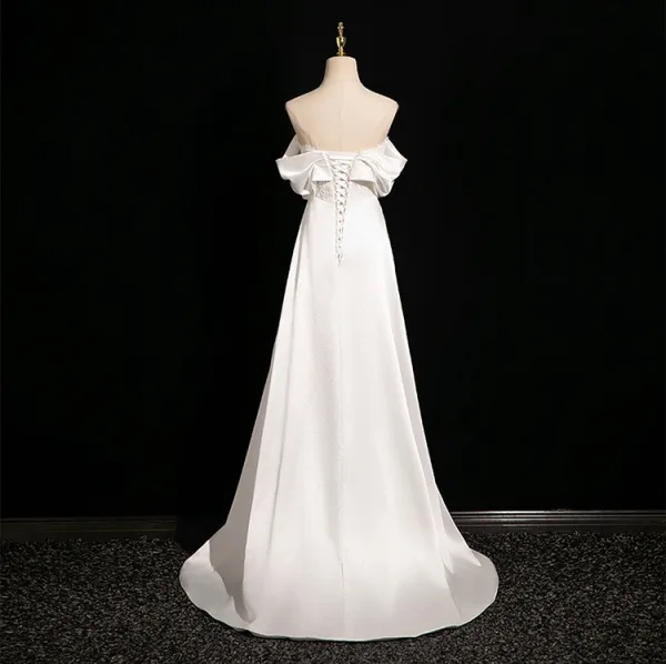 Élégant Ivoire En Dentelle Fleur Satin Robe De Mariée 2025 Princesse De l'épaule Manches Courtes Dos Nu Train De Balayage Mariage
