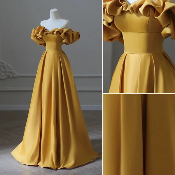 Chic / Beautiful Yellow Satin Evening Dresses  2023 A-Line / Princess Ruffle Off-The-Shoulder Short Sleeve Backless Floor-Length / Long Evening Party Formal Dresses