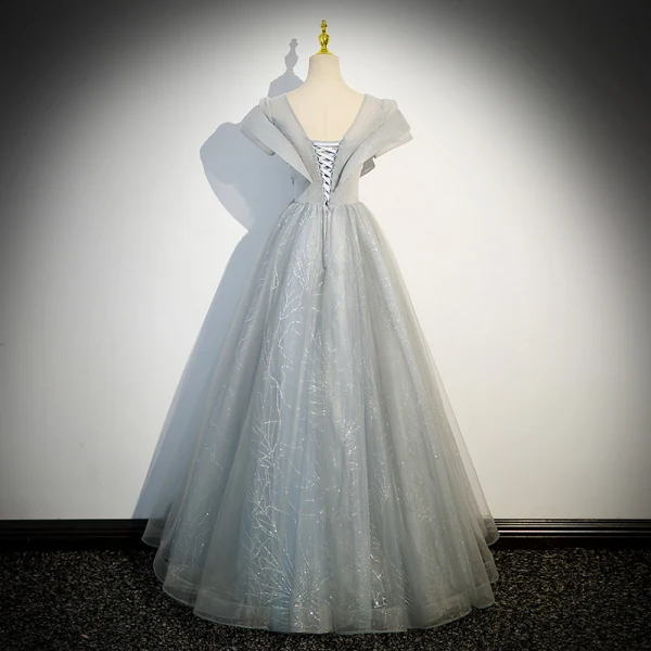 Chic / Belle Gris Argenté Perlage Paillettes Robe De Bal 2023 Princesse Encolure Dégagée Manches Courtes Dos Nu Longue Promo Robe De Ceremonie