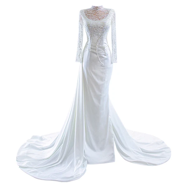 High-end Ivory Satin Wedding Dresses 2022 Trumpet / Mermaid High Neck Beading Pearl Sequins Long Sleeve Floor-Length / Long Wedding